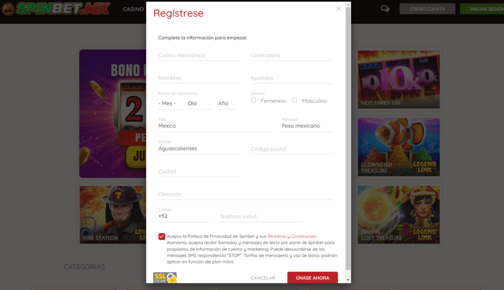 Spinbet Proceso de registro